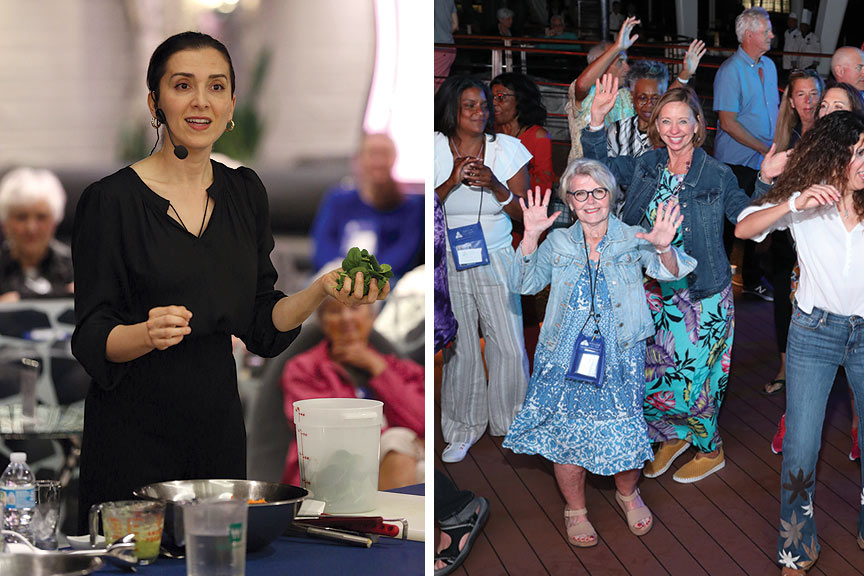 2023 Cruise Presenter:  Ayesha Sherzai, MD teaching a cooking class and one of our Cruise Ship Parties