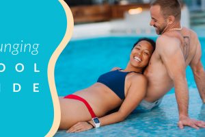 A photo of a couple sitting by the pool with the text "Lounging Pool Side"